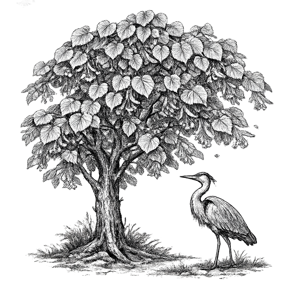 Linden Field Co illustration — linden tree with heron
